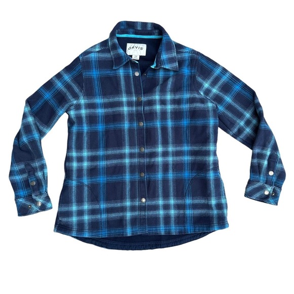 Orvis Fleece Lined Flannel Jacket Women Long Sleeve Snap Button Down Blue Medium - Picture 1 of 12
